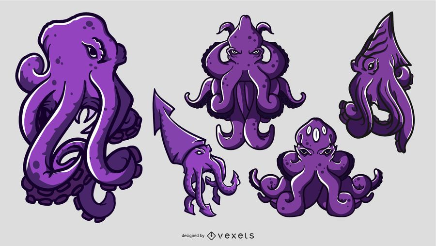 Conjunto De Ilustraci N De Dibujos Animados De Kraken Descargar Vector