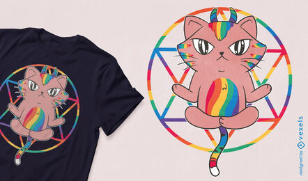 Baixar Vetor De Design De Camiseta De Gato Arco íris E Pentagrama