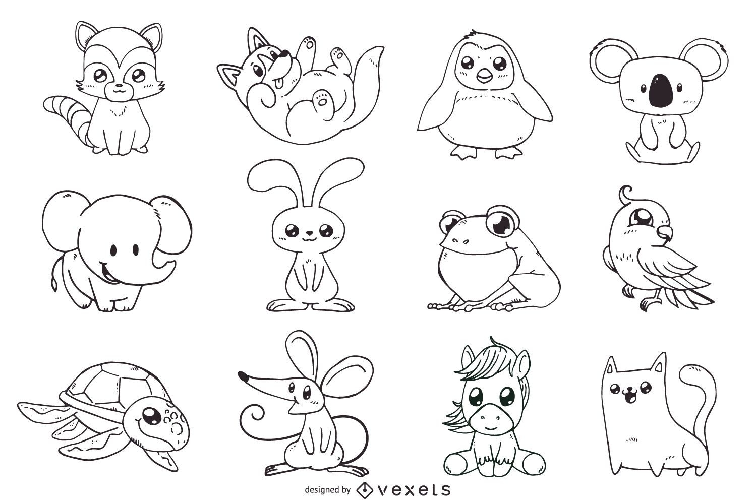 Cute Animals Outline Illustrations Set Vector Download