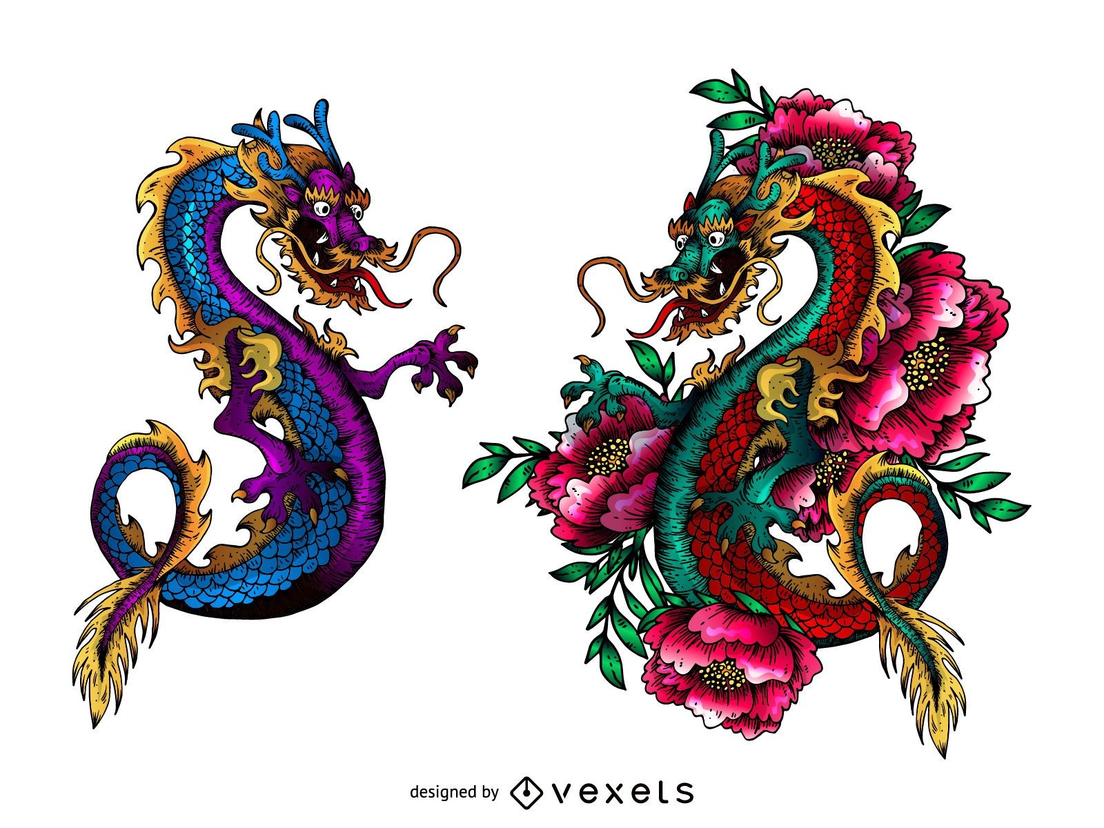 Colorful Asian Dragons Tattoo Design Vector Download