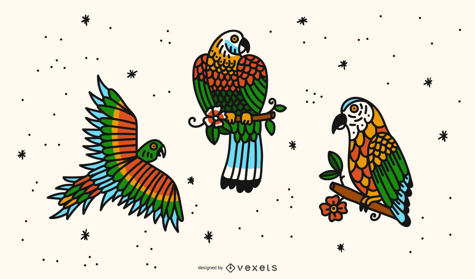 Parrot Old School Tattoo Design Set Vector Download