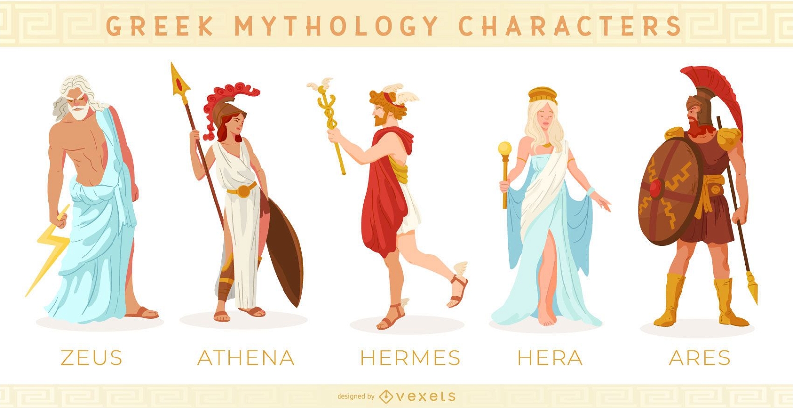  A vector illustration of five Greek gods: Zeus, Athena, Hermes, Hera, and Ares.