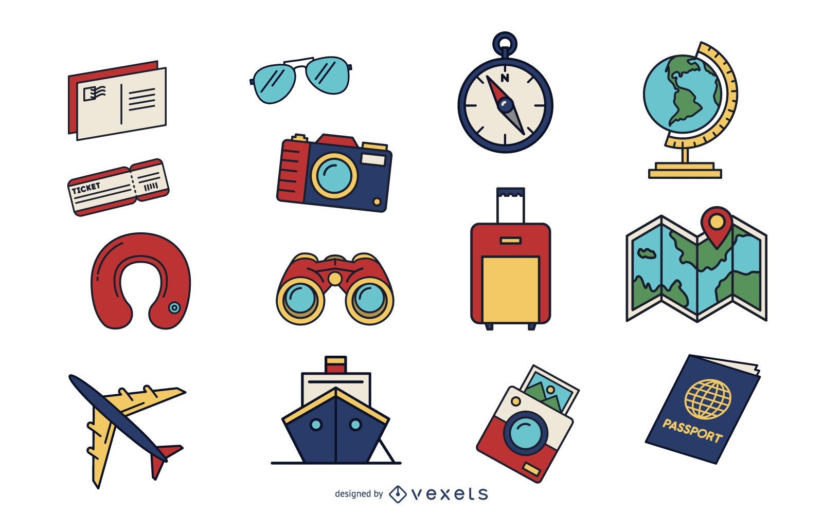 Conjunto de ilustraciones vectoriales de accesorios de viaje y turismo  objetos de viaje coloridos