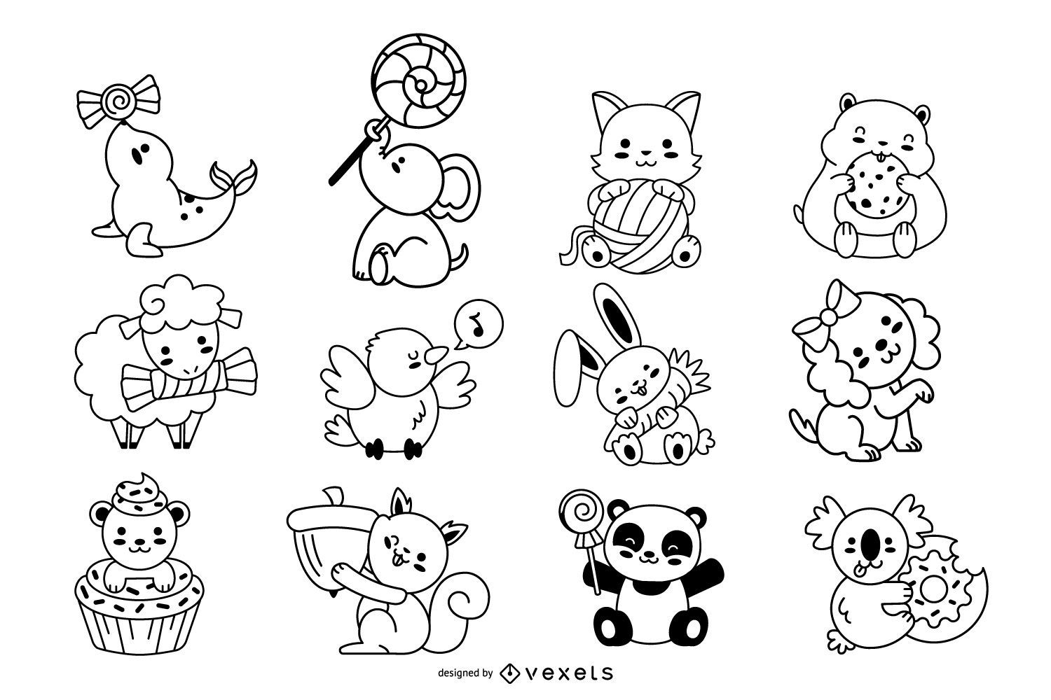 Desenho de animais fofos kawaii para colorir