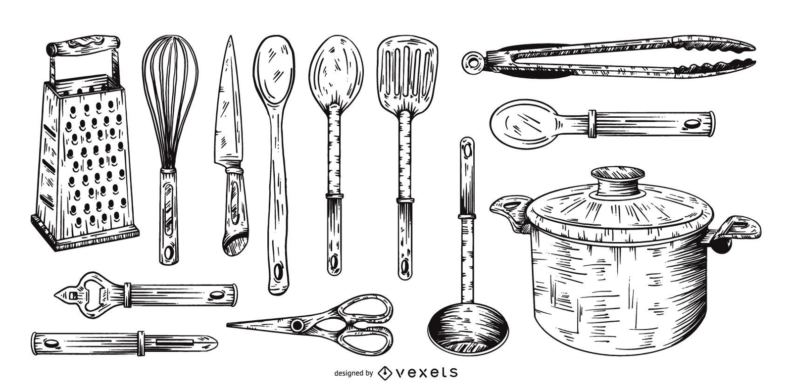 Utensilios de cocina dibujados a mano y productos para hornear.  herramientas de cocina, dispositivos, prendas de vestir. elementos  vectoriales