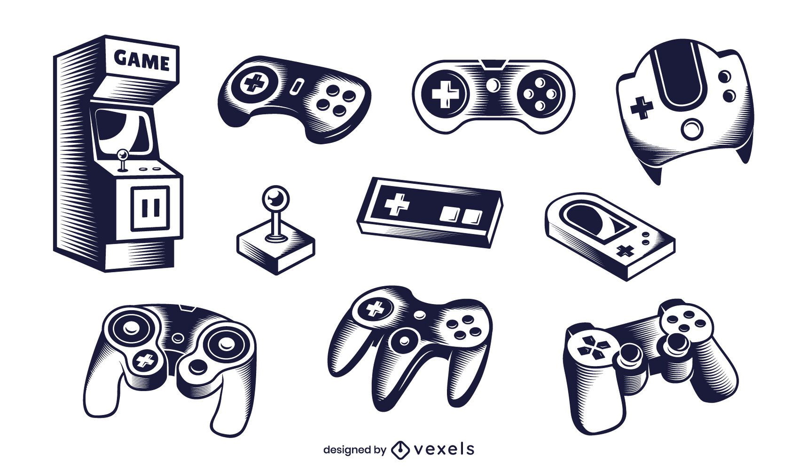 Set of doodle vector icons related to computer games. Joysticks