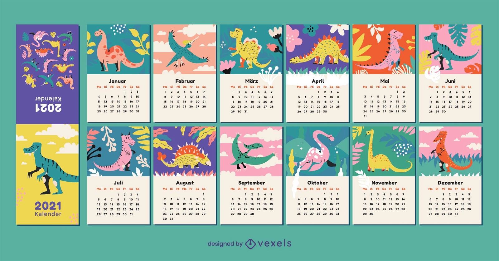Descarga Vector De Dinosaurio 2021 Calendario Alemán