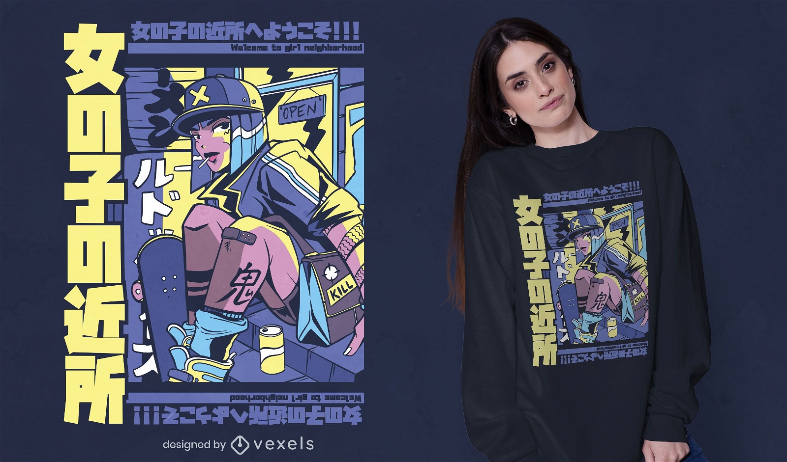 Urban Anime Girl T-shirt Design Vector Download