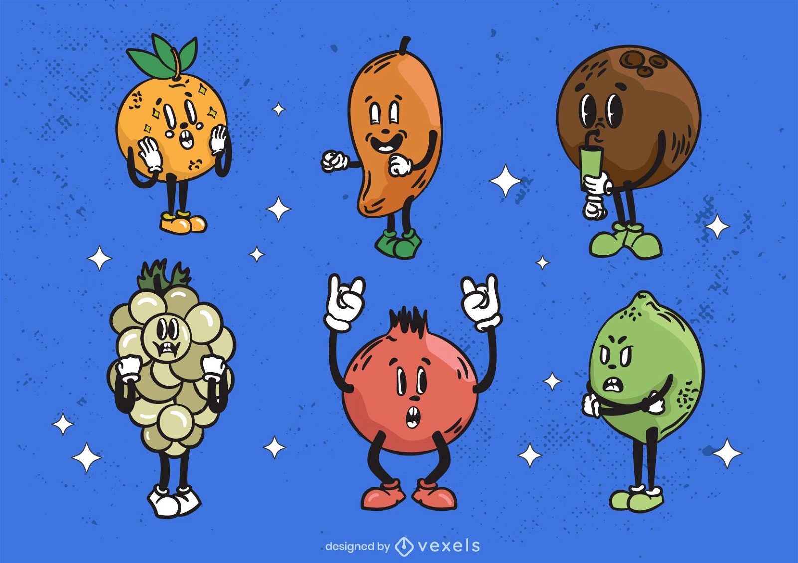Cartoon Fruits Retro Style Set Vector Download