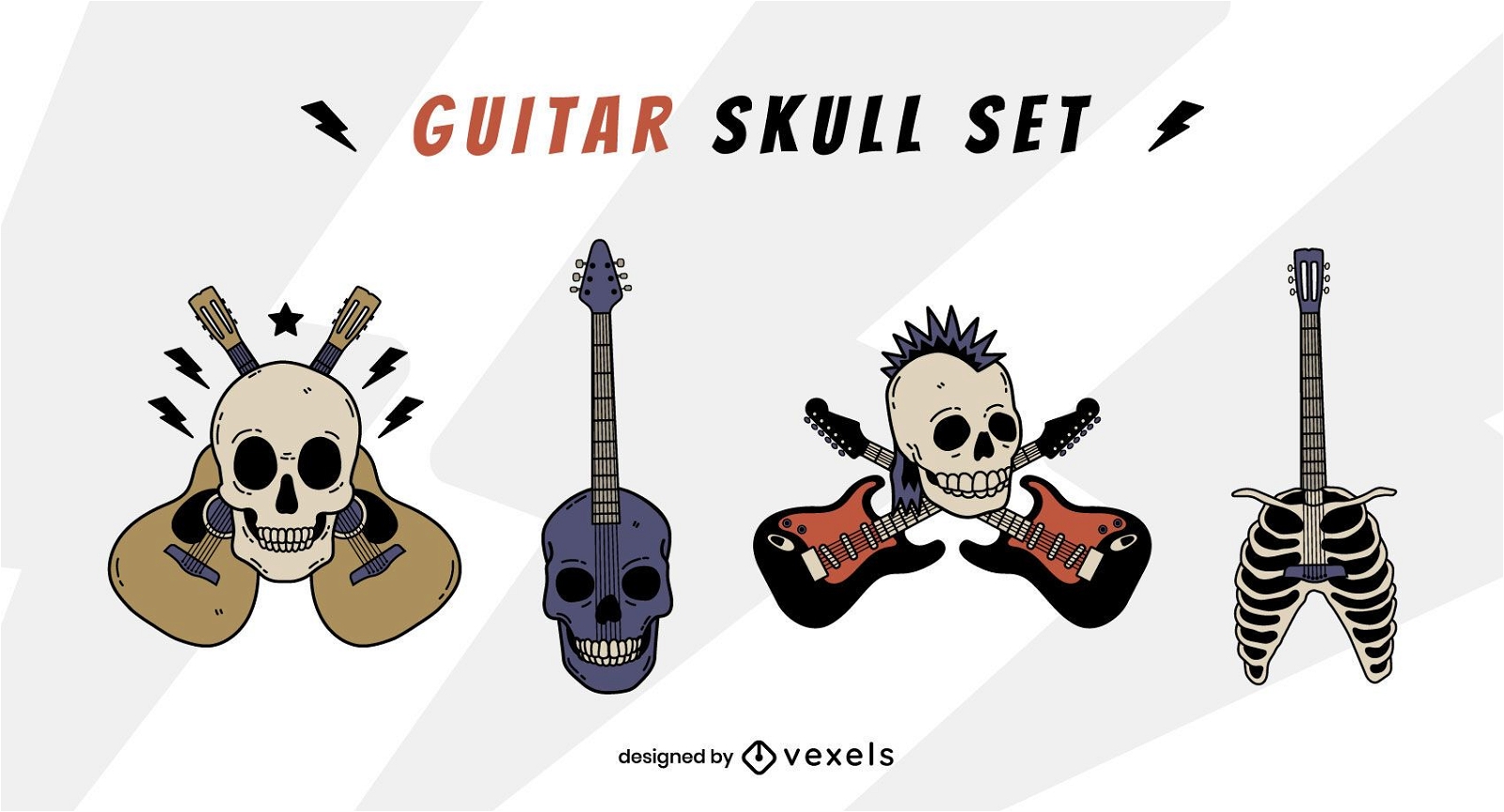 Rock stickers, guitar and broken heart, knife and pin, pistol and  cartridge, skull with bones, eye and hand symbols isolated on white, retro  vector. Rock-n-roll elements Stock Vector