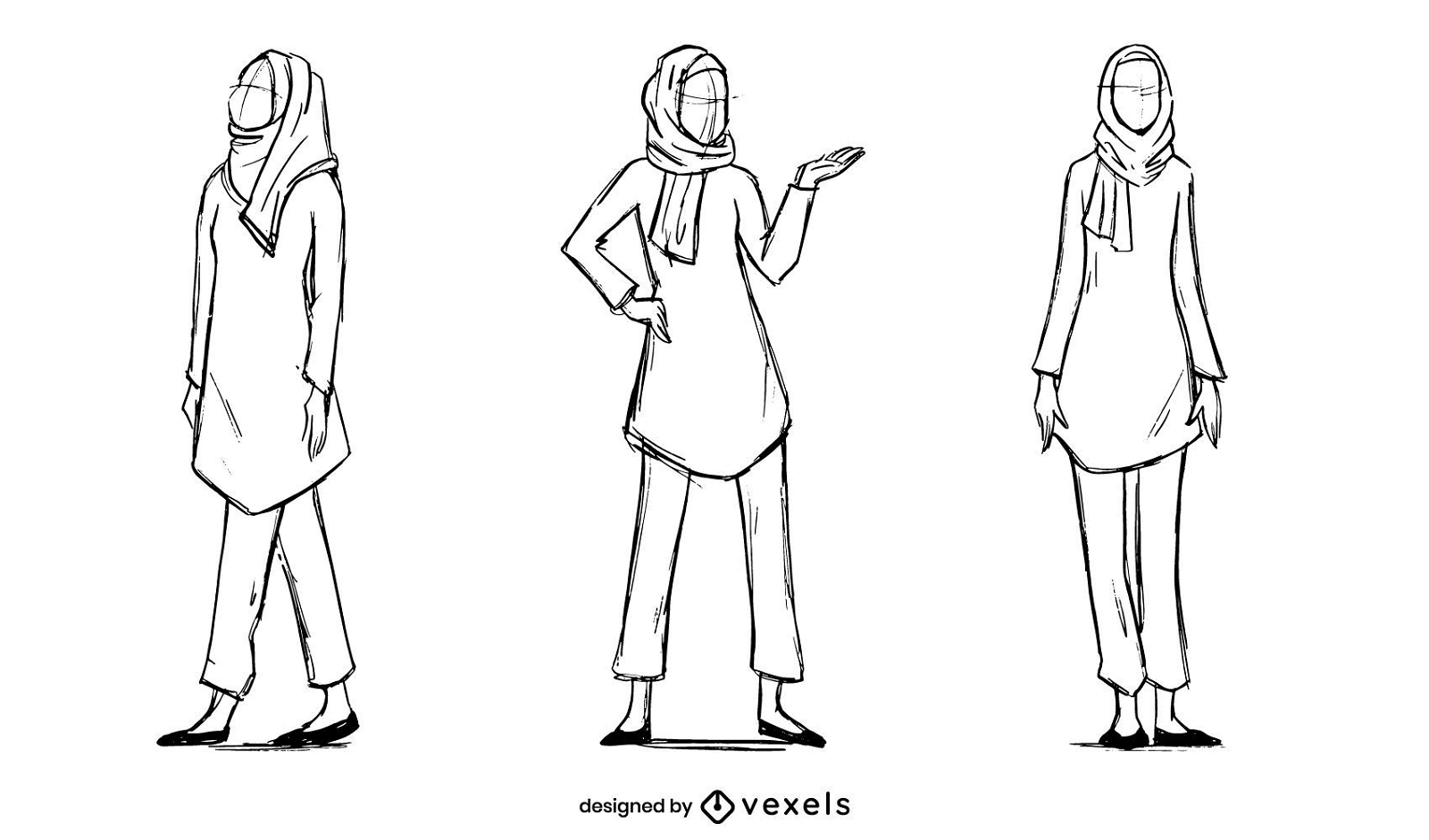 Fashion Muslim Woman Model Sketch Set Vector Download