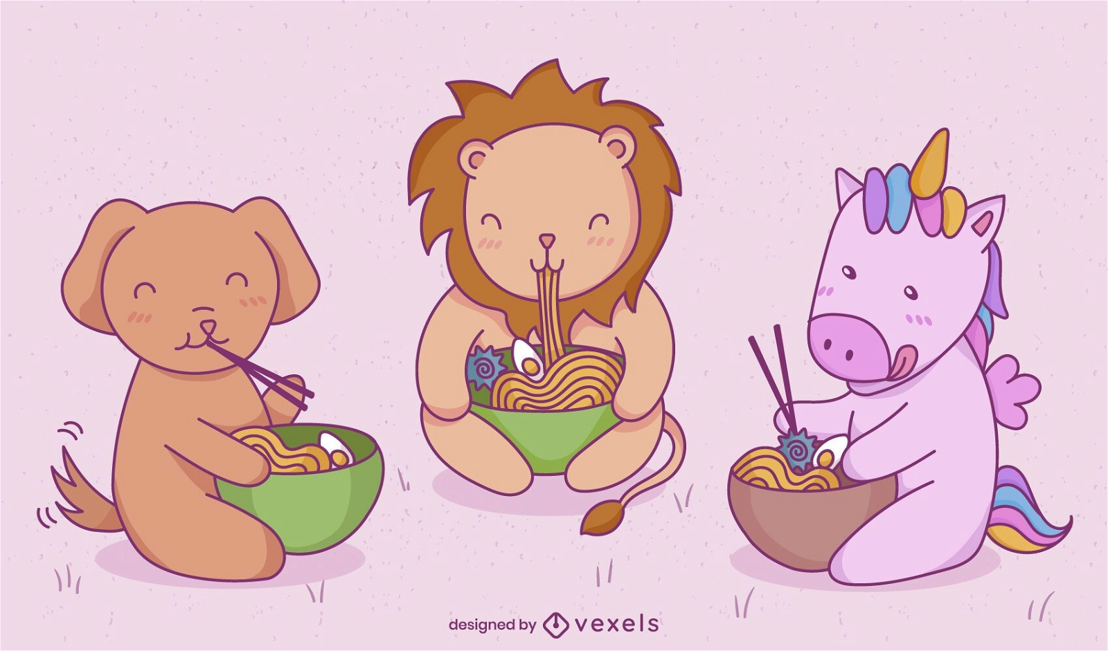 Baby Animals Eating Japanese Food Character Set Vector Download