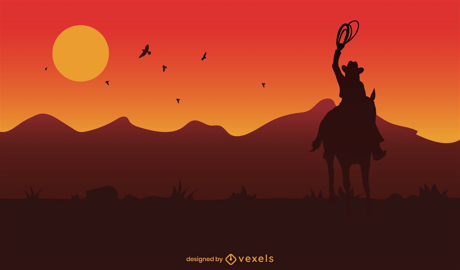 Cowboy In Horse At Sunset Background Vector Download