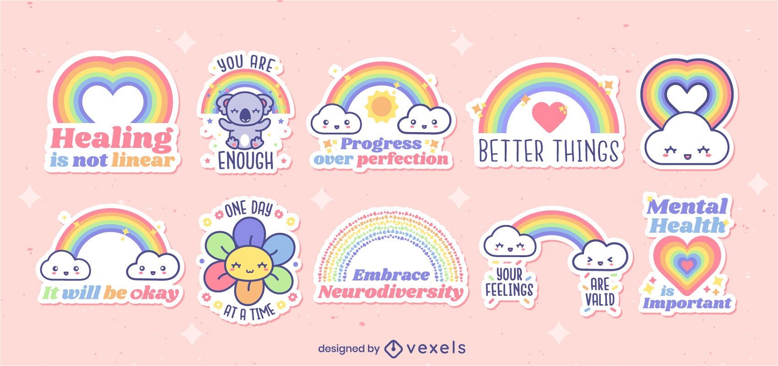 Cute Set Of Motivational Rainbow Stickers Vector Download