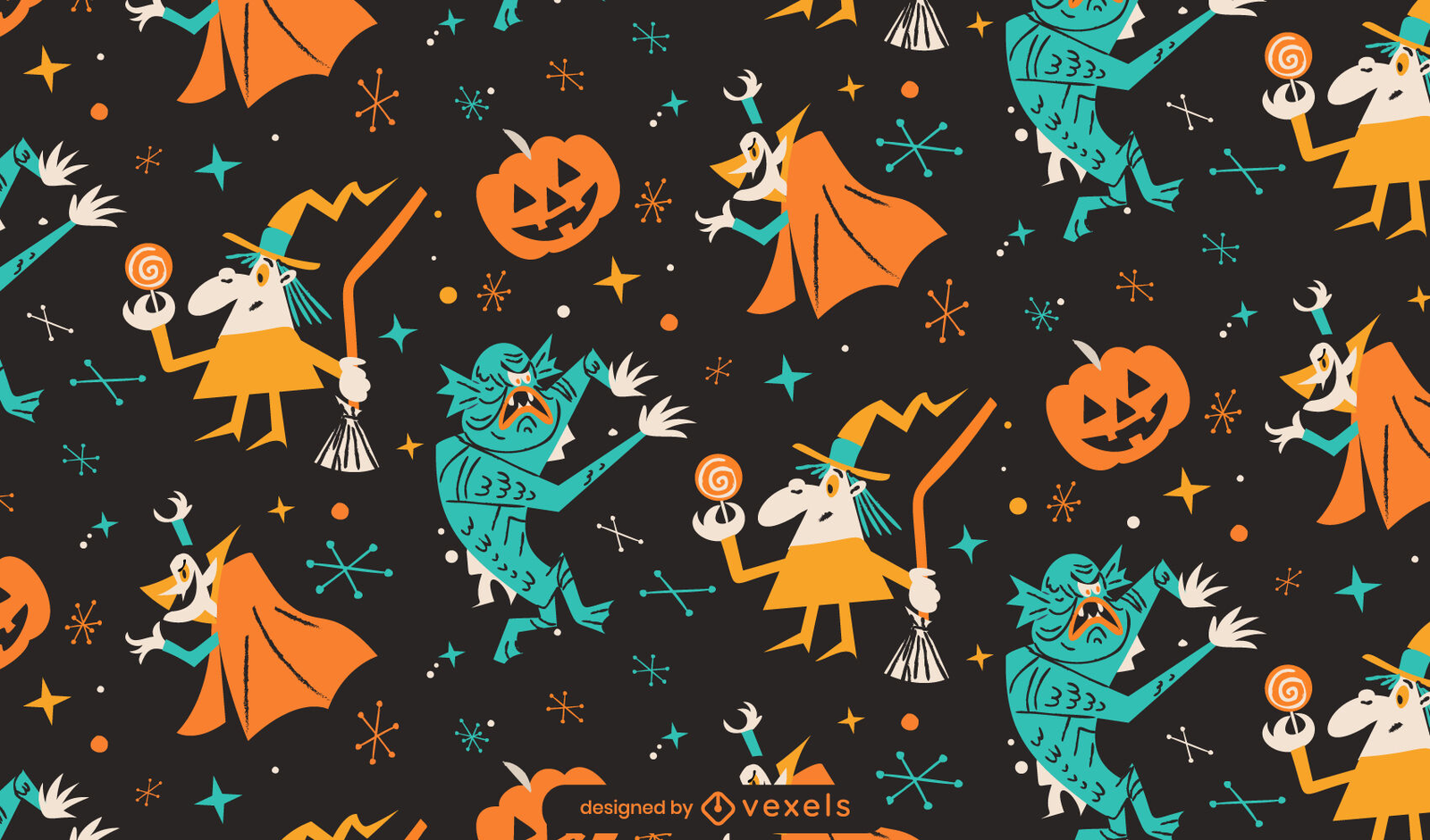 Halloween Retro Cartoon Monsters Pattern Design Vector Download