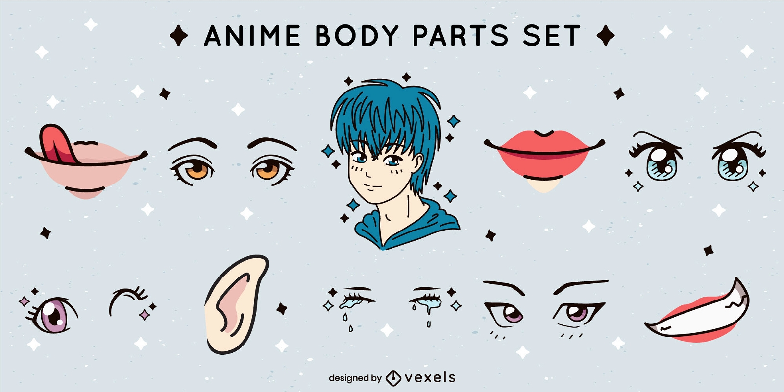 Anime Kawaii Face Parts Set Vector Download