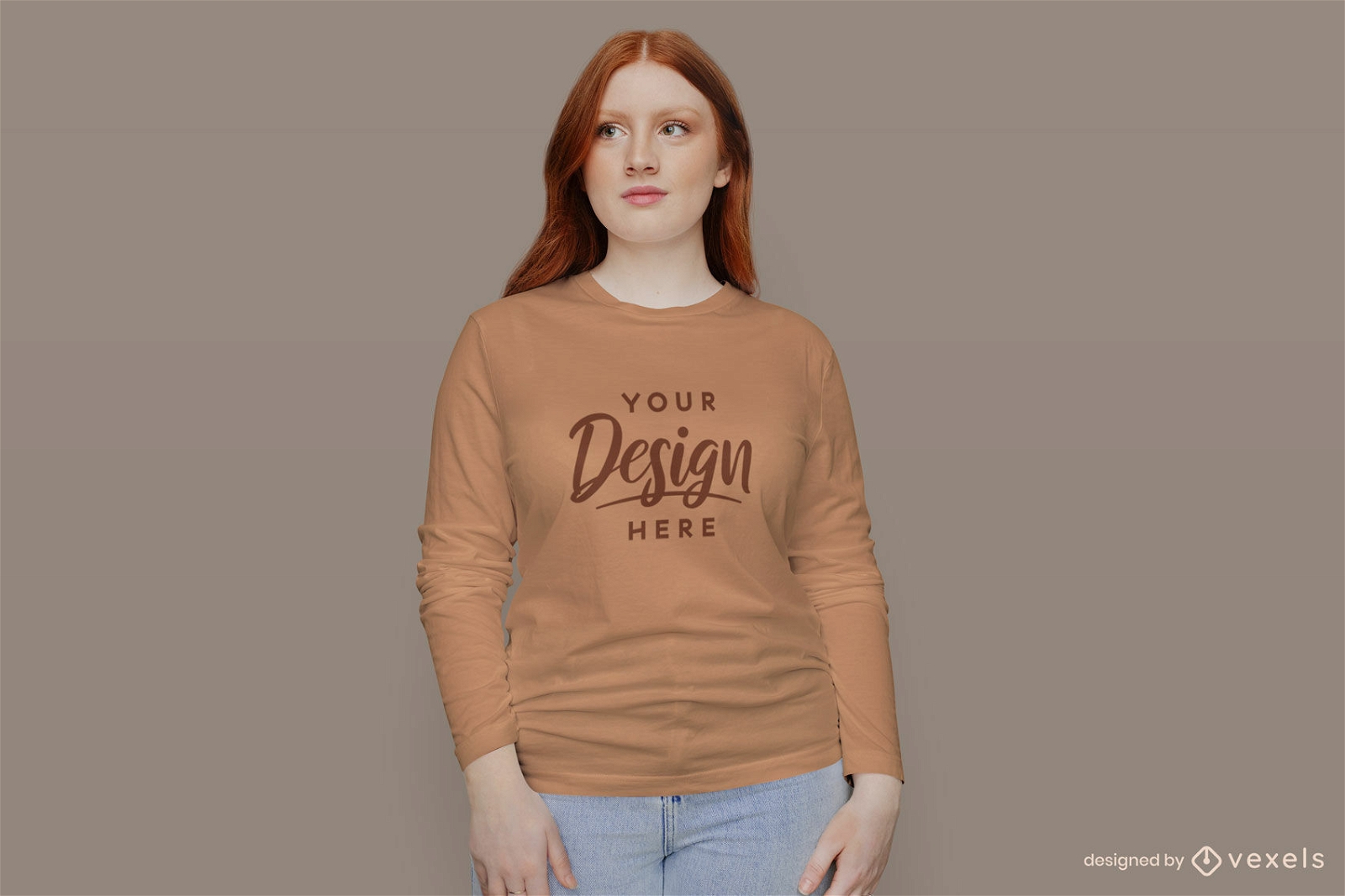 Girl In Orange Long Sleeve T-shirt Mockup PSD Editable Template