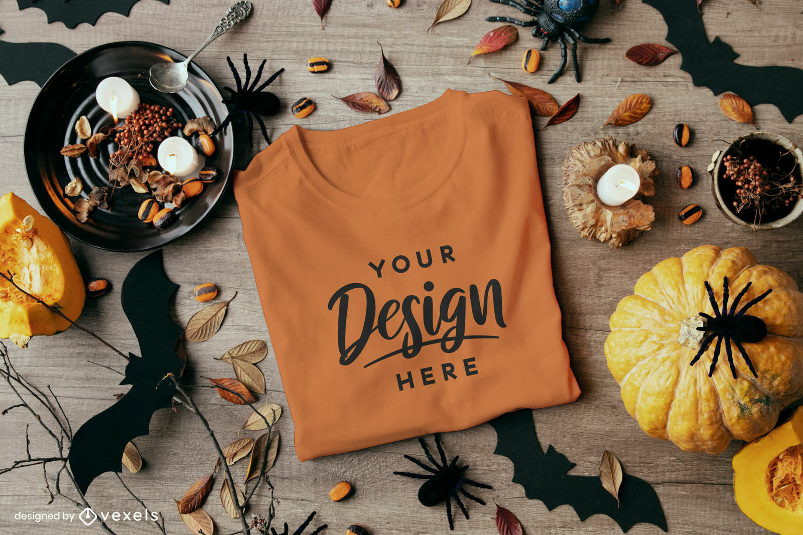 Orange T Shirt In Halloween Composition Mockup PSD Editable Template