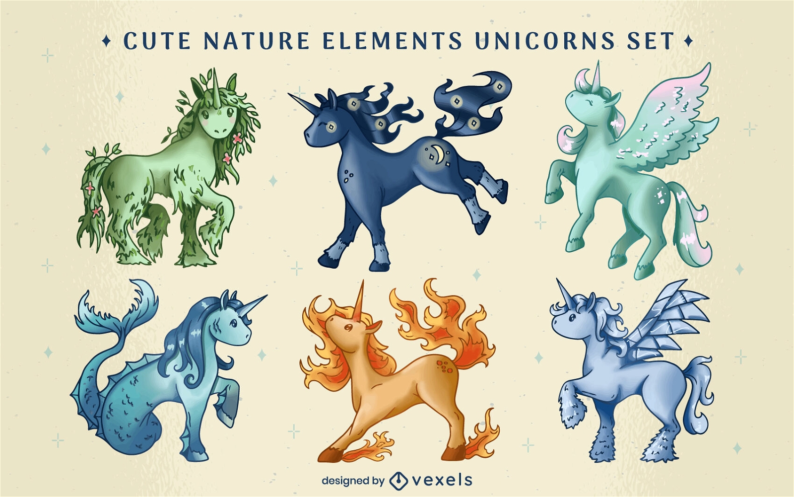 Elemental Unicorn Creature Magical Set Vector Download