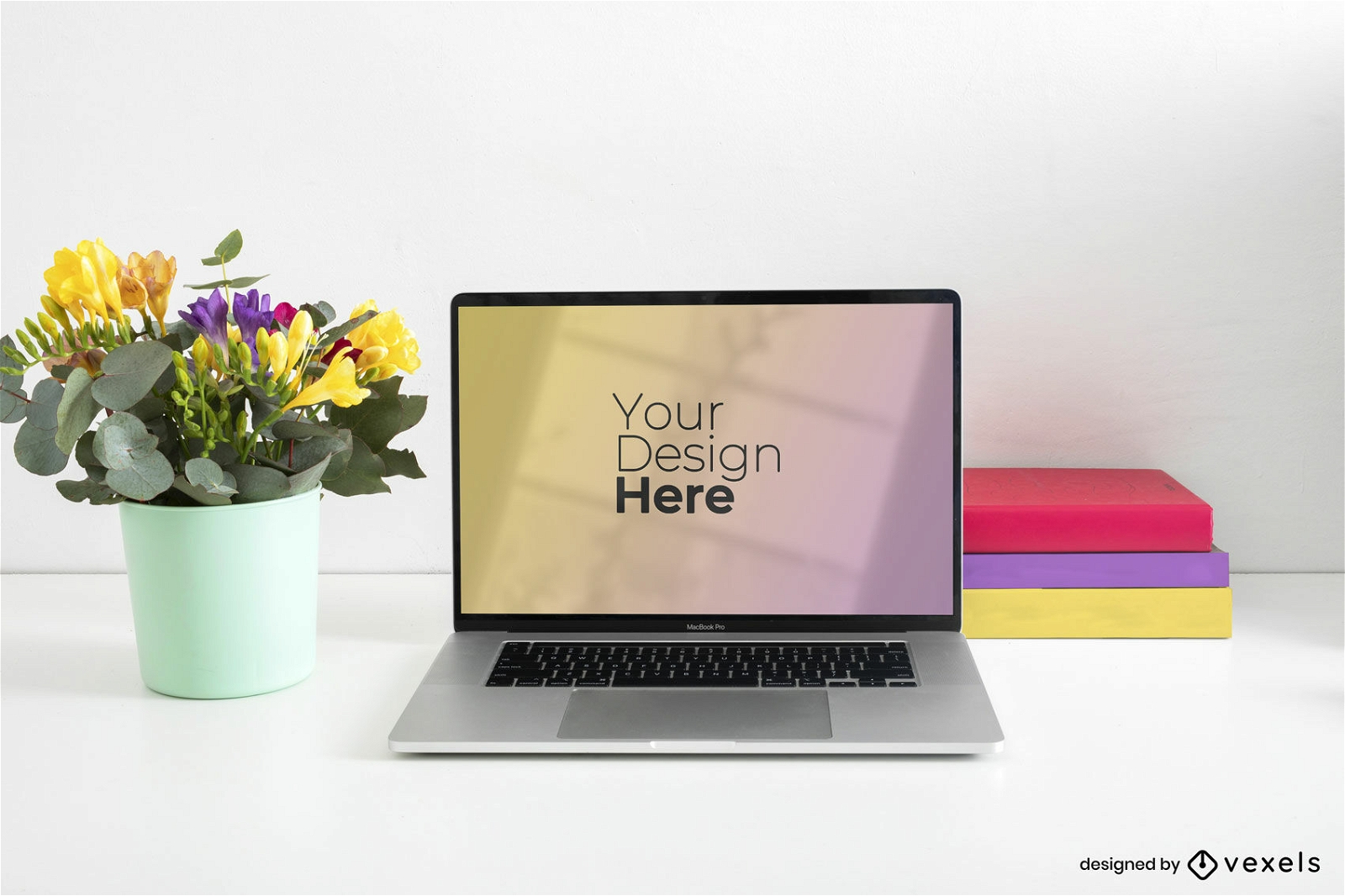 Laptop In Desk And Flowers Mockup PSD Editable Template
