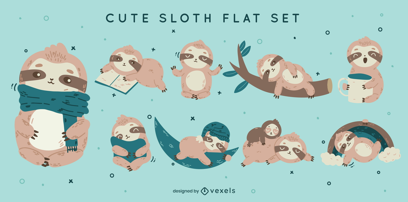 Cute sticker pack with sloth and entertainment Vector Image