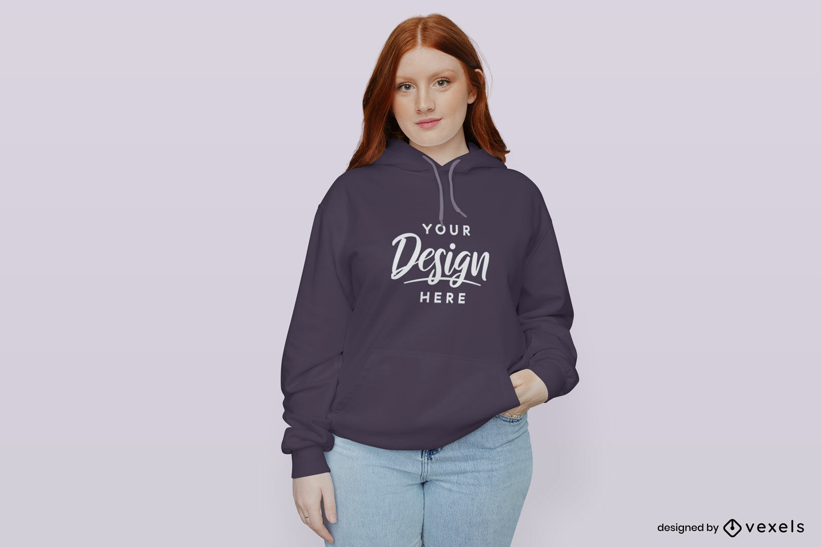 Girl In Purple Hoodie Mockup Flat Background PSD Editable Template