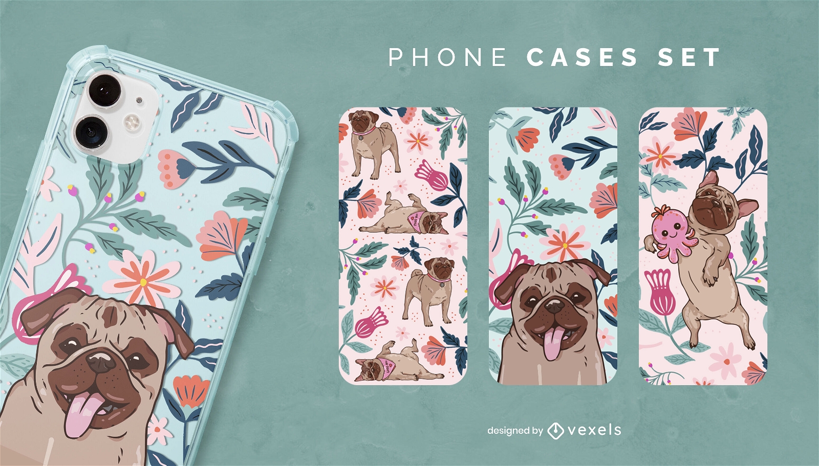 Cute Floral Pug Dog Phone Case Design Vector Download