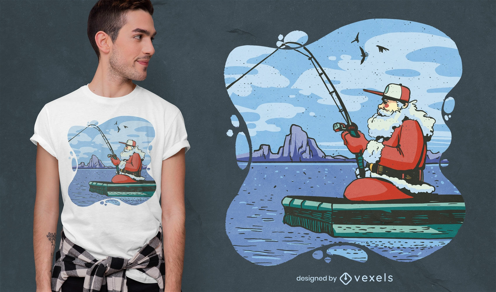 Watercolor Christmas Fishing Santa Clipart T-Shirt Design Bundle
