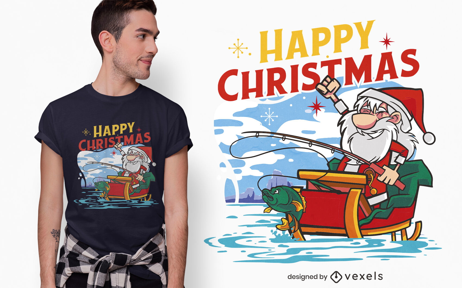 Watercolor Christmas Fishing Santa Clipart T-Shirt Design Bundle