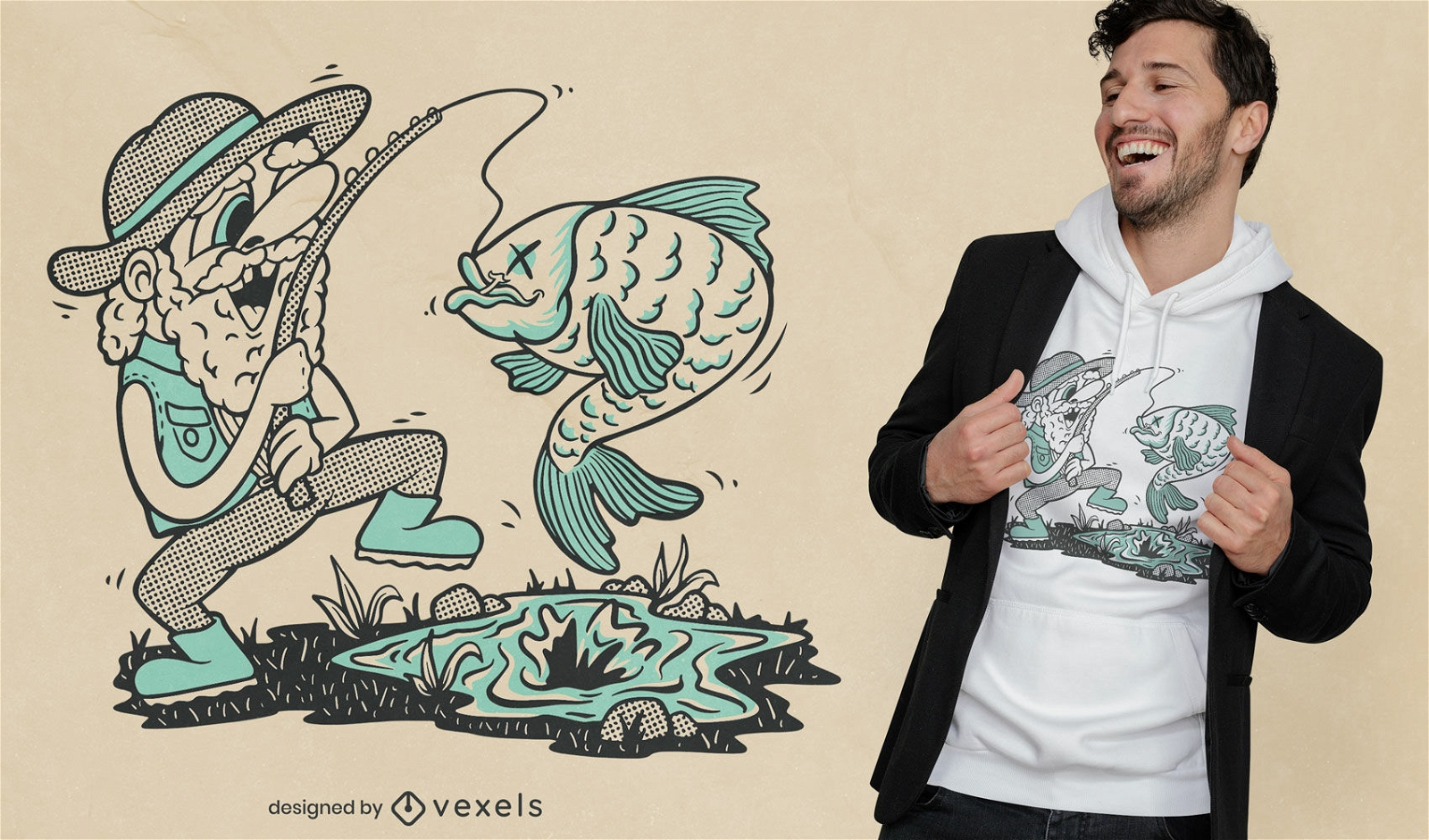 Happy Fisherman And Fish T-shirt Design Vector Download