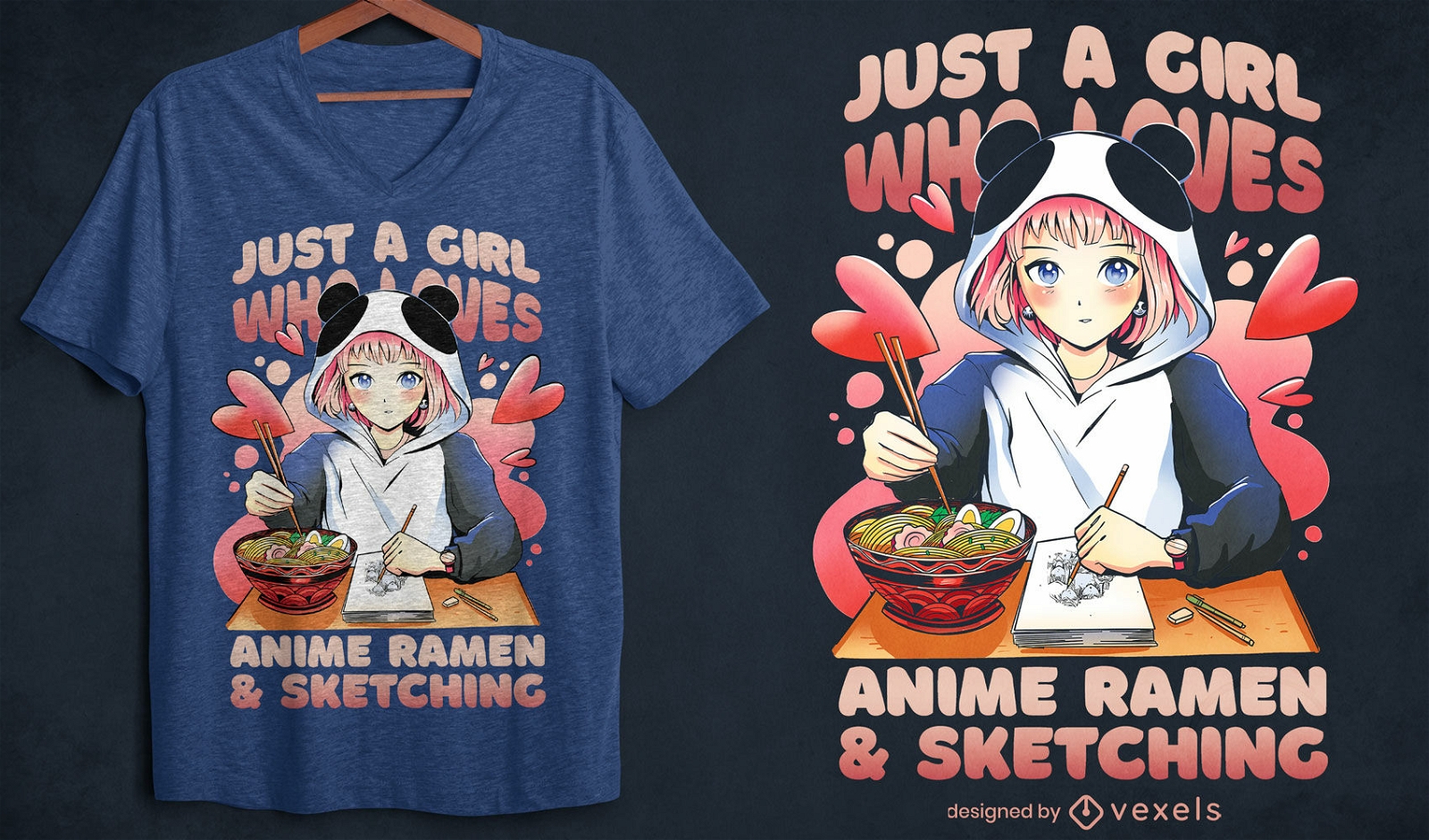 Anime Girl Ramen And Sketching T-shirt Design PSD Editable Template