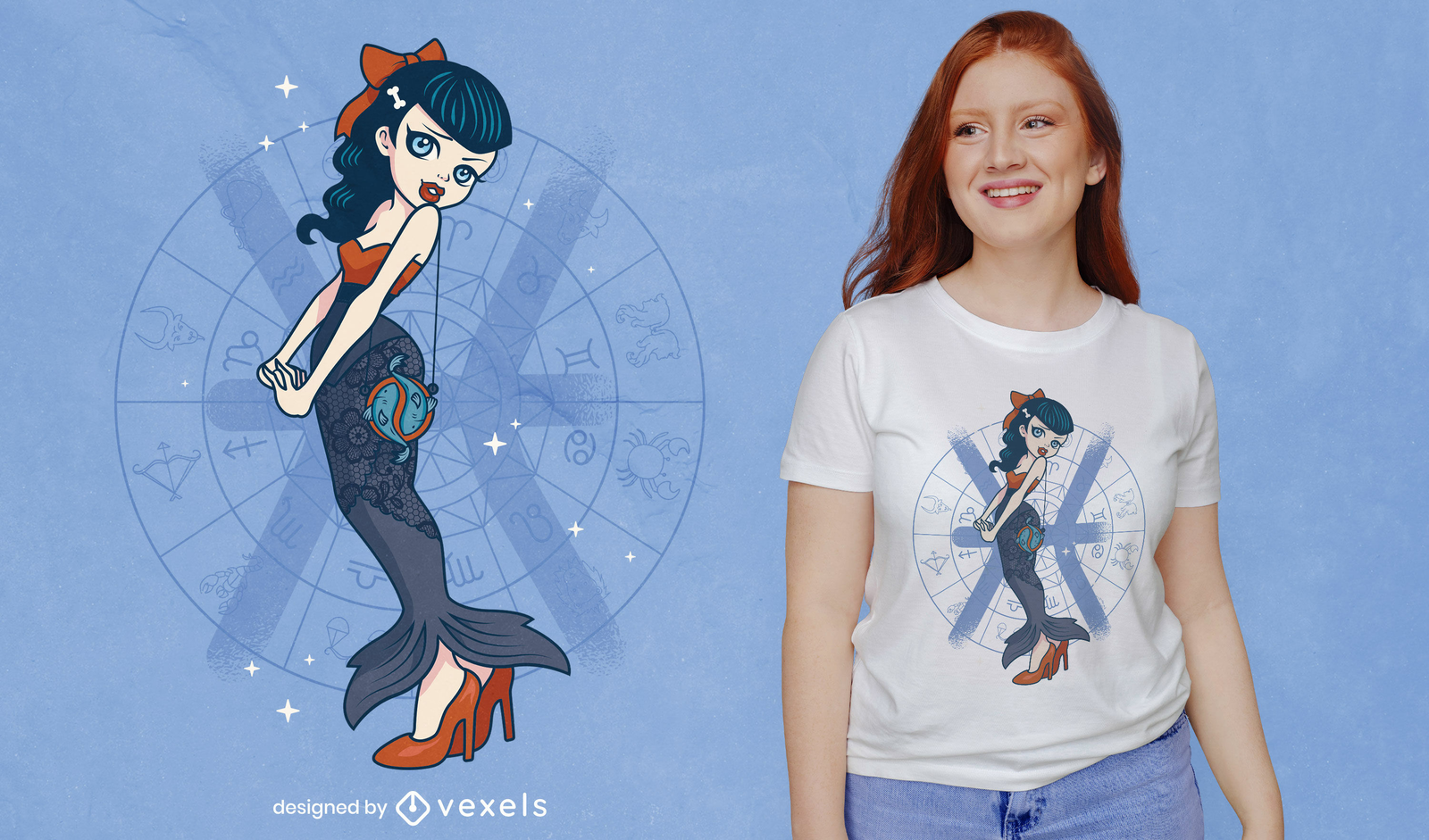 Pisces Zodiac Sign Pin Up Girl T-shirt Design Vector Download