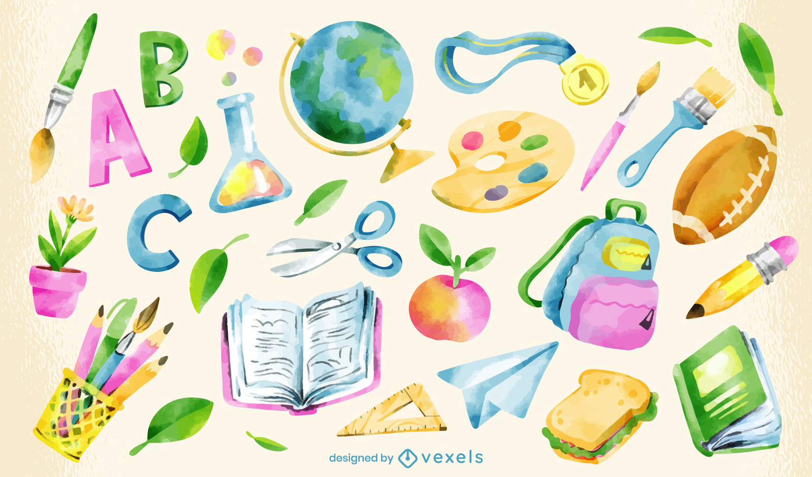 School Supplies clip art png, Cute School clipart watercolor