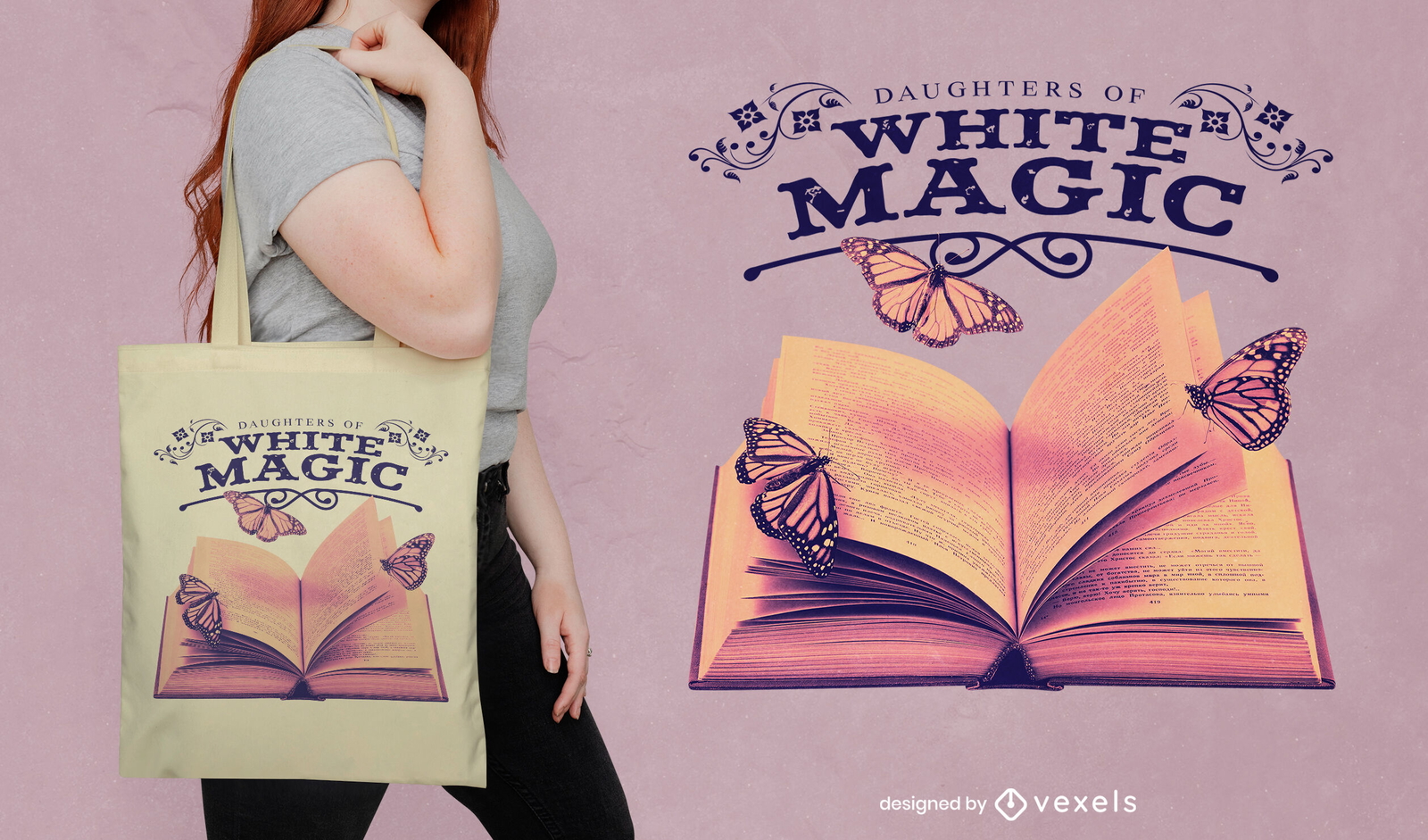 Open Book And Butterflies Tote Bag Design PSD Editable Template