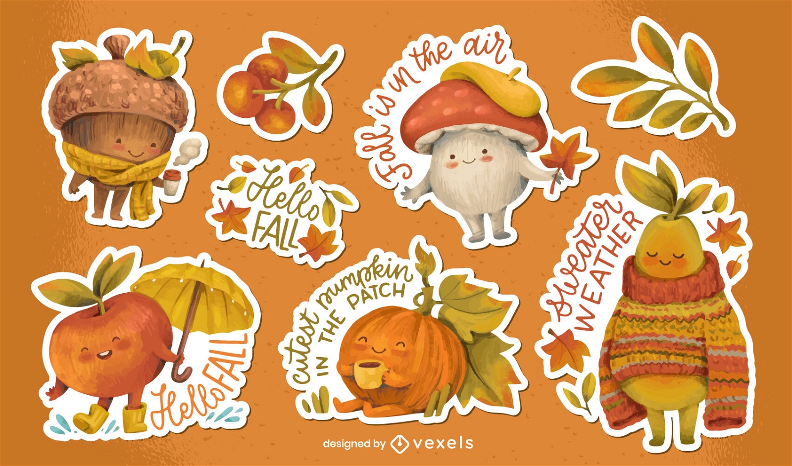 Cute Fall Watercolor Characters And Quotes Set Vector Download