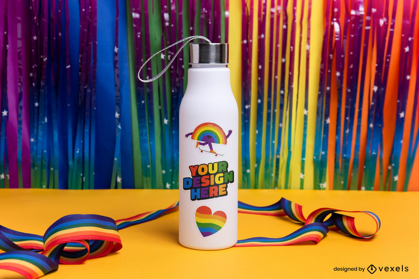 Water Bottle With Pride Month Sticker Mockup PSD Editable Template