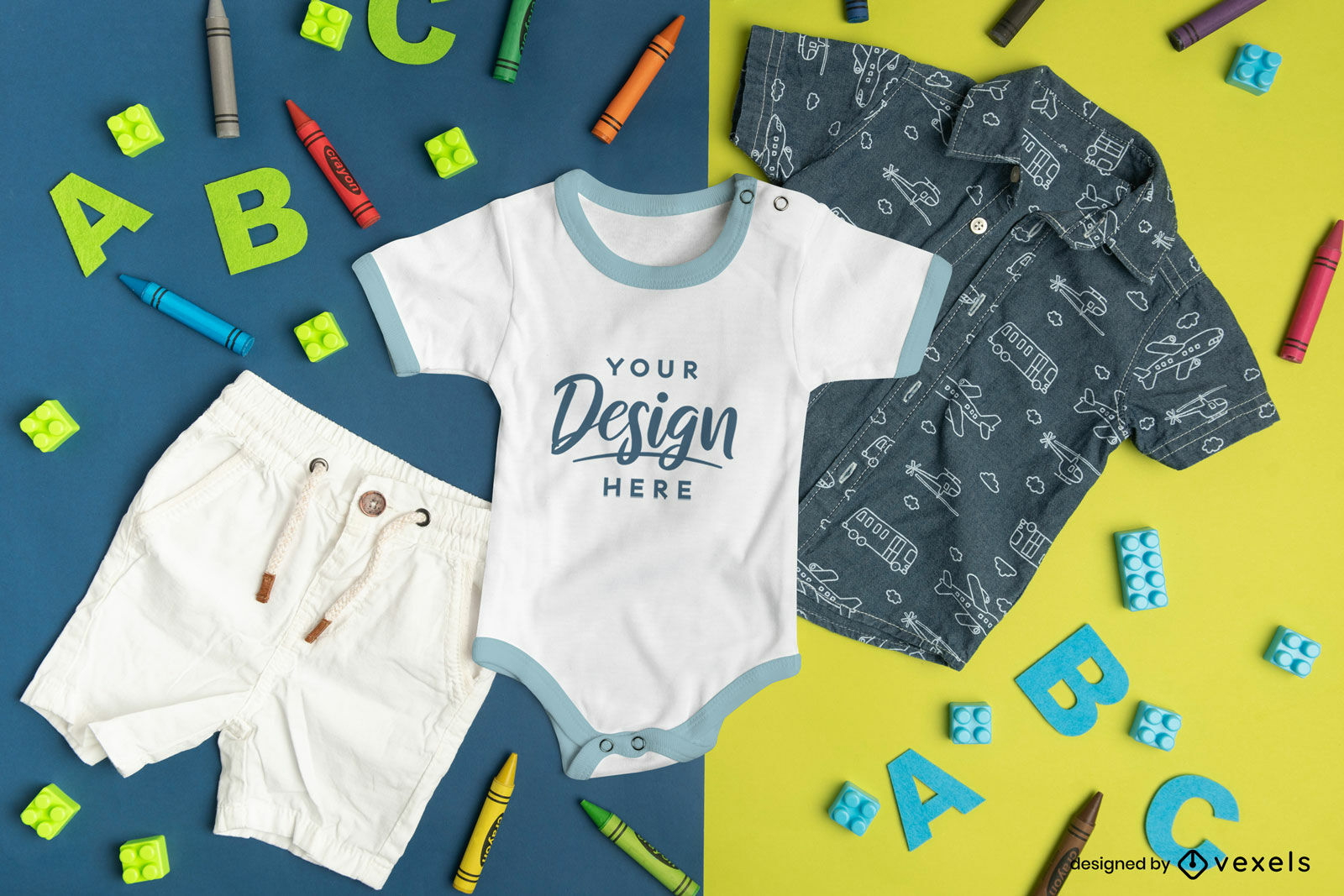 Boy Baby Onesie With Short Sleeves Mockup PSD Editable Template