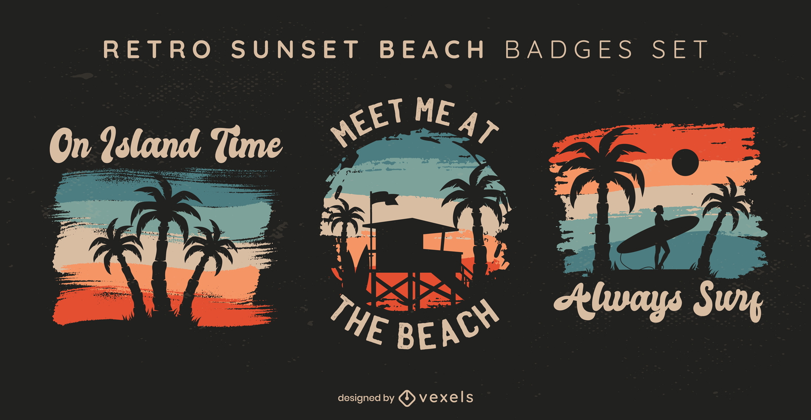 Retro Sunset Beach Badges Set Vector Download