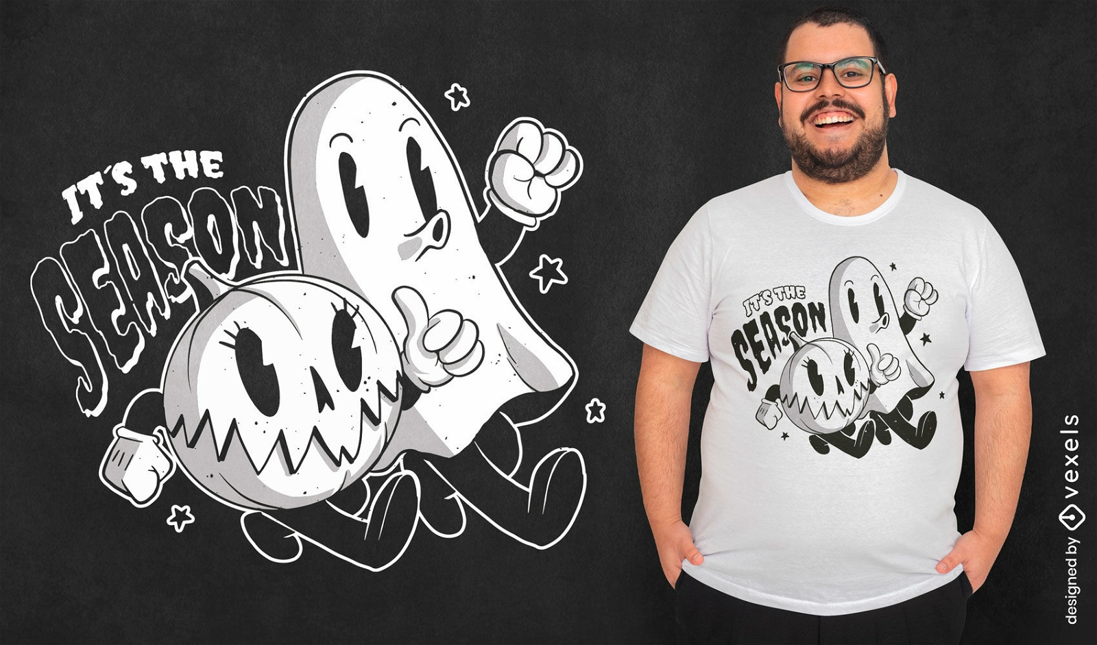 Design de camiseta de cor preta simples de halloween com um fantasma branco  e tipografia design de elemento engraçado de halloween com um fantasma  branco muitos morcegos e caligrafia design de camiseta