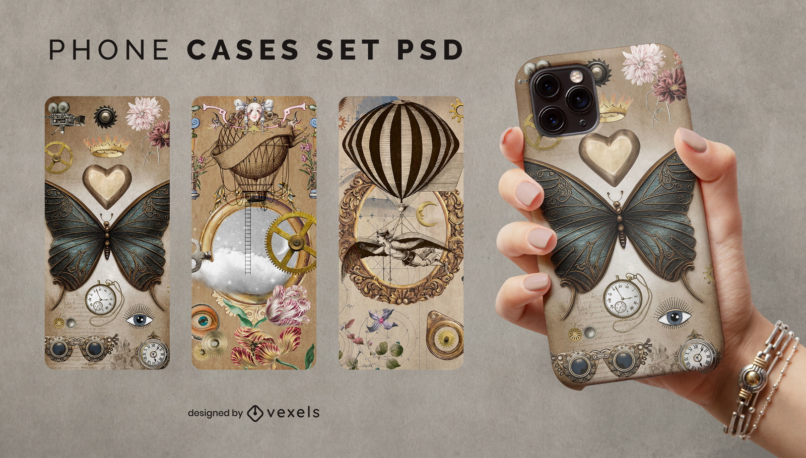 Steampunk Elements Vintage Phone Case Set PSD Editable Template
