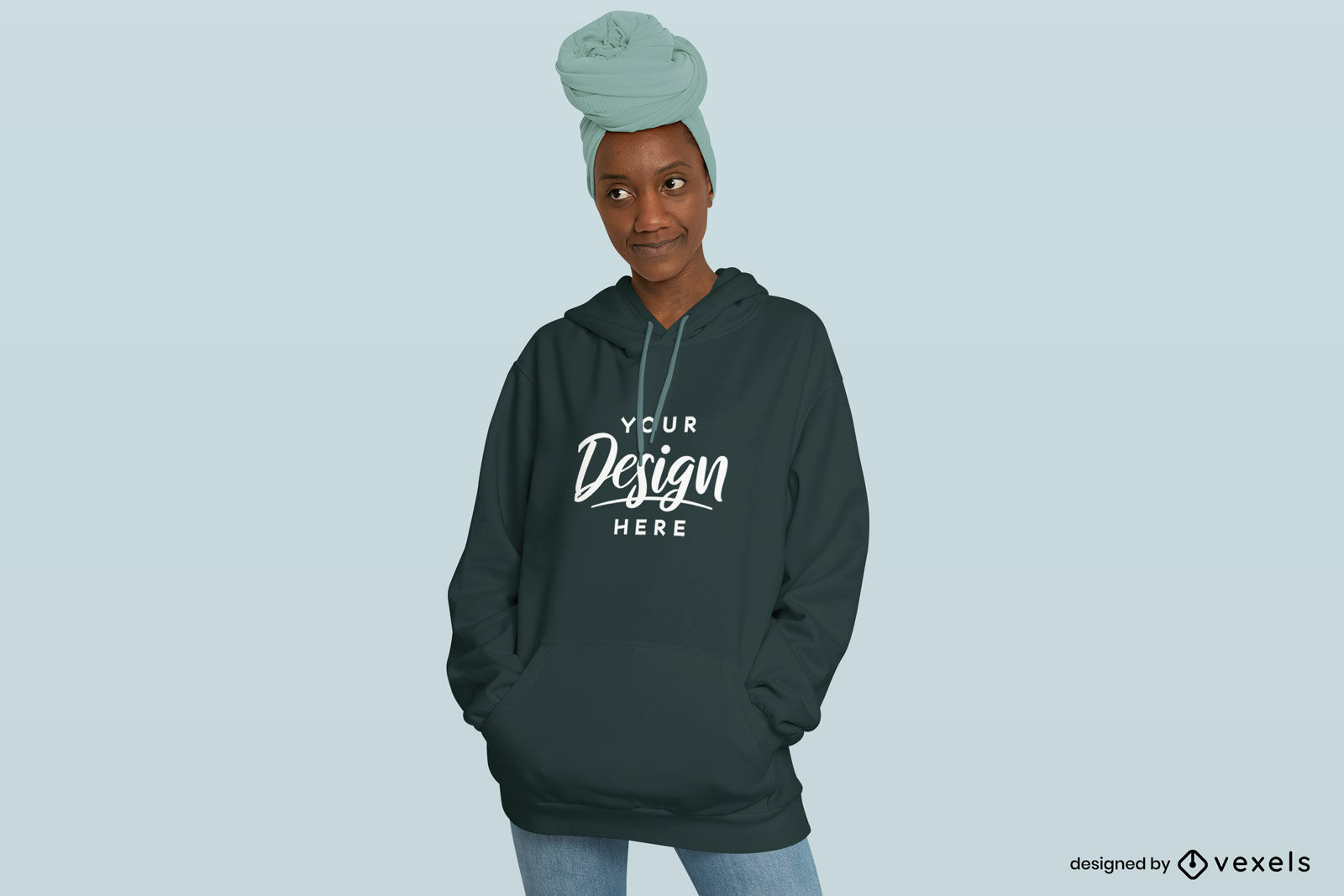 Black Woman With Headscarf And Hoodie Mockup PSD Editable Template