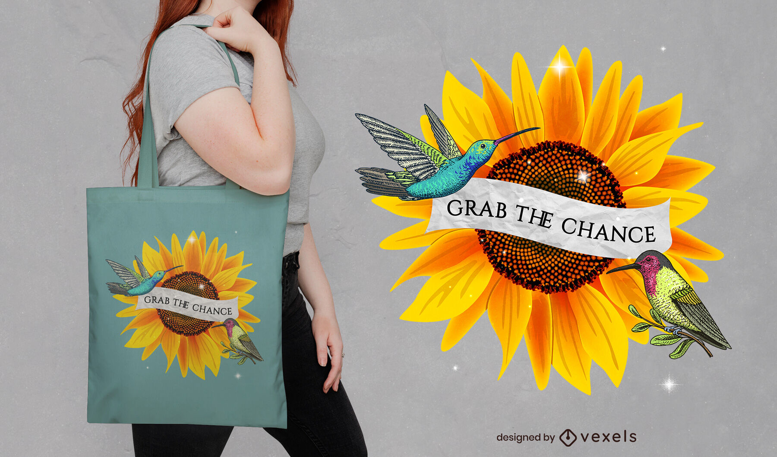 Plantilla PSD Editable De Diseño De Tote Bag De Girasol Y Colibrí