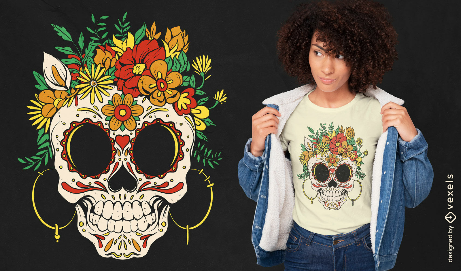 Skull with flower illustration t shirt design 7808466 Vector Art