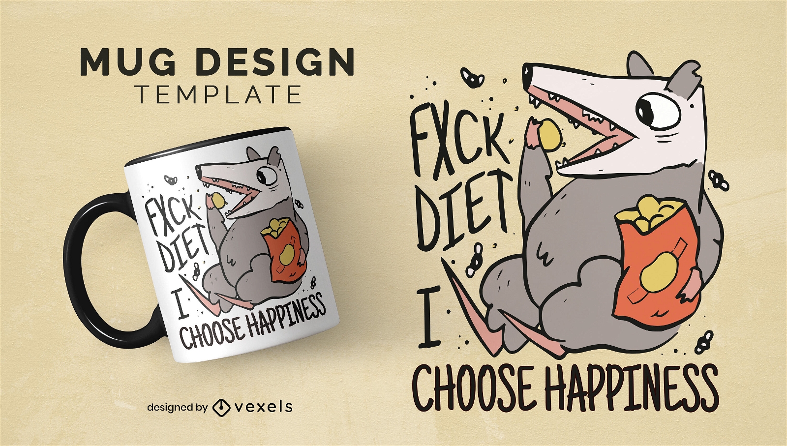 Possum Animal Eating Chips Mug Design Vector Download