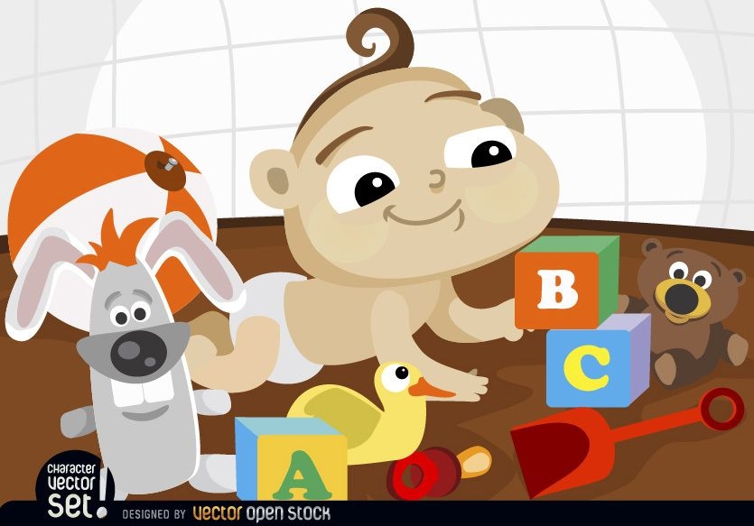 Juguetes de bebé en la ilustración de vector de dibujos animados