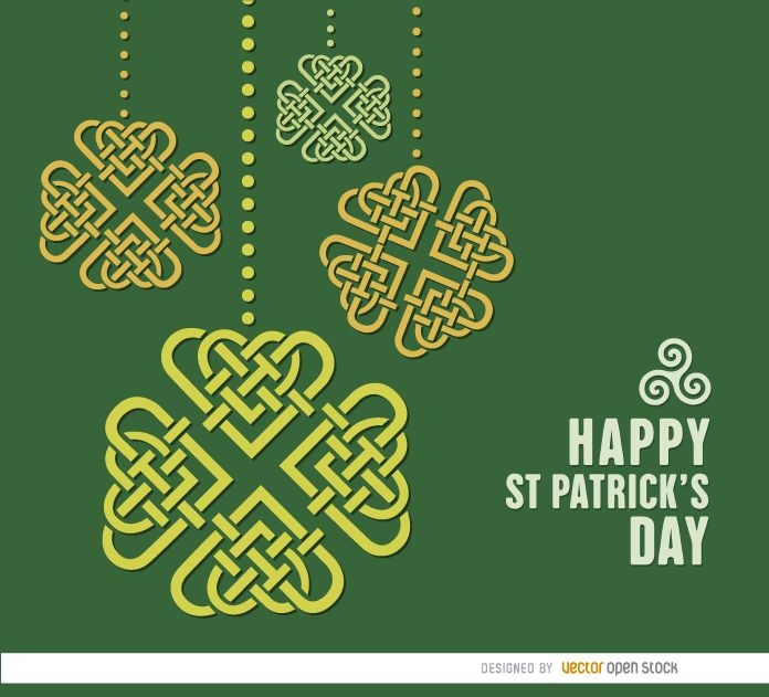 Happy St Patricks Day Celtic Lettering Logo On Green Clover And