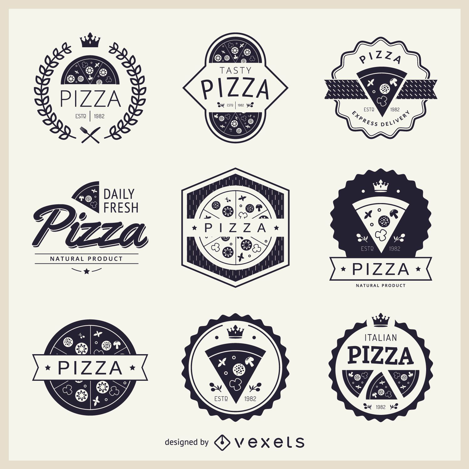 Hot and fresh pizza retro badge design. Vector. Vintage design for