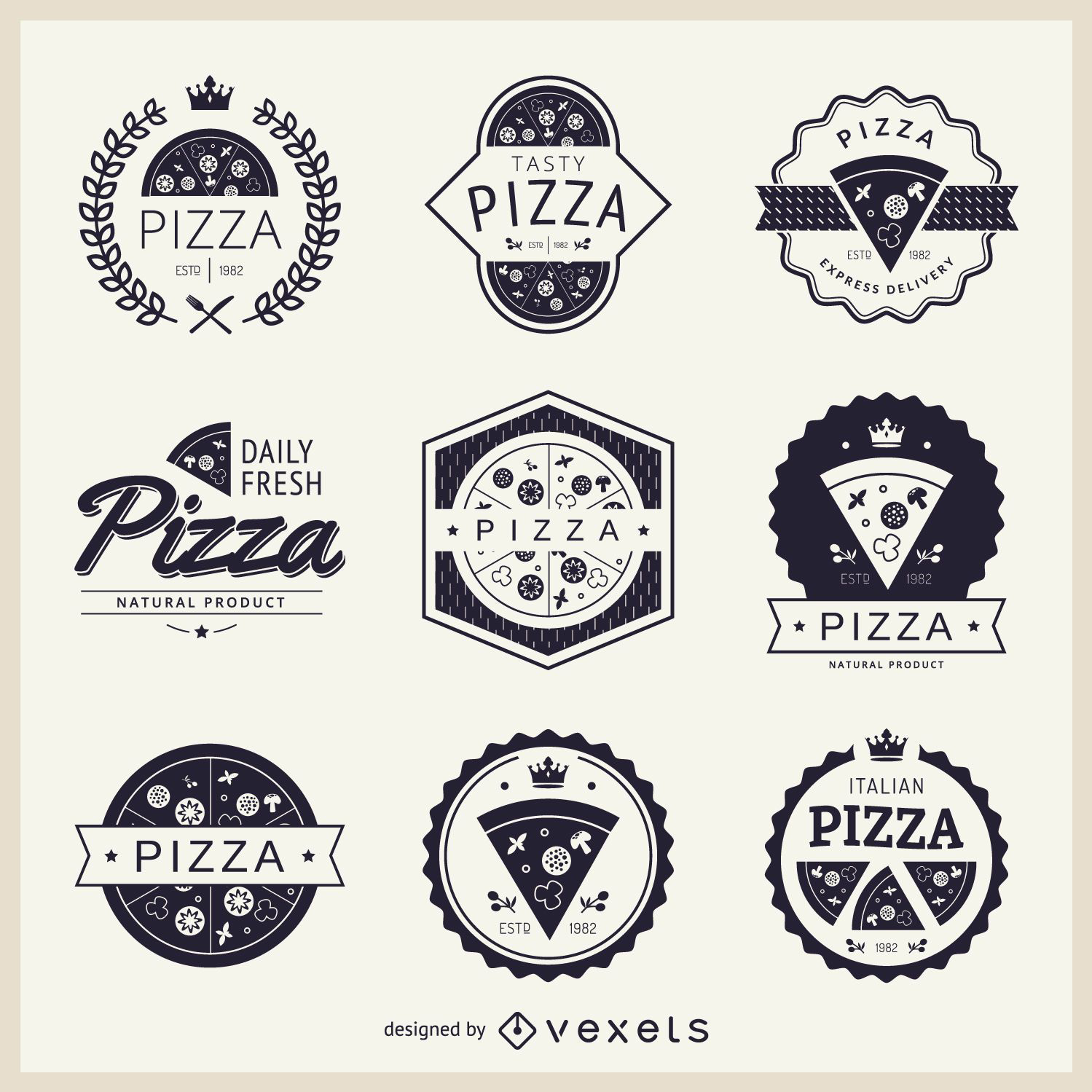 Pizza logo. hot and fresh, symbol, stamp, icon, sign, food