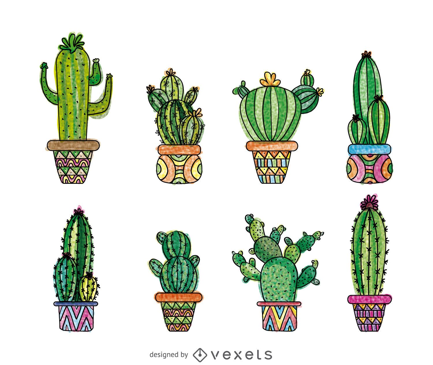 Conjunto de cactos em estilo simples de desenho animado isolado no