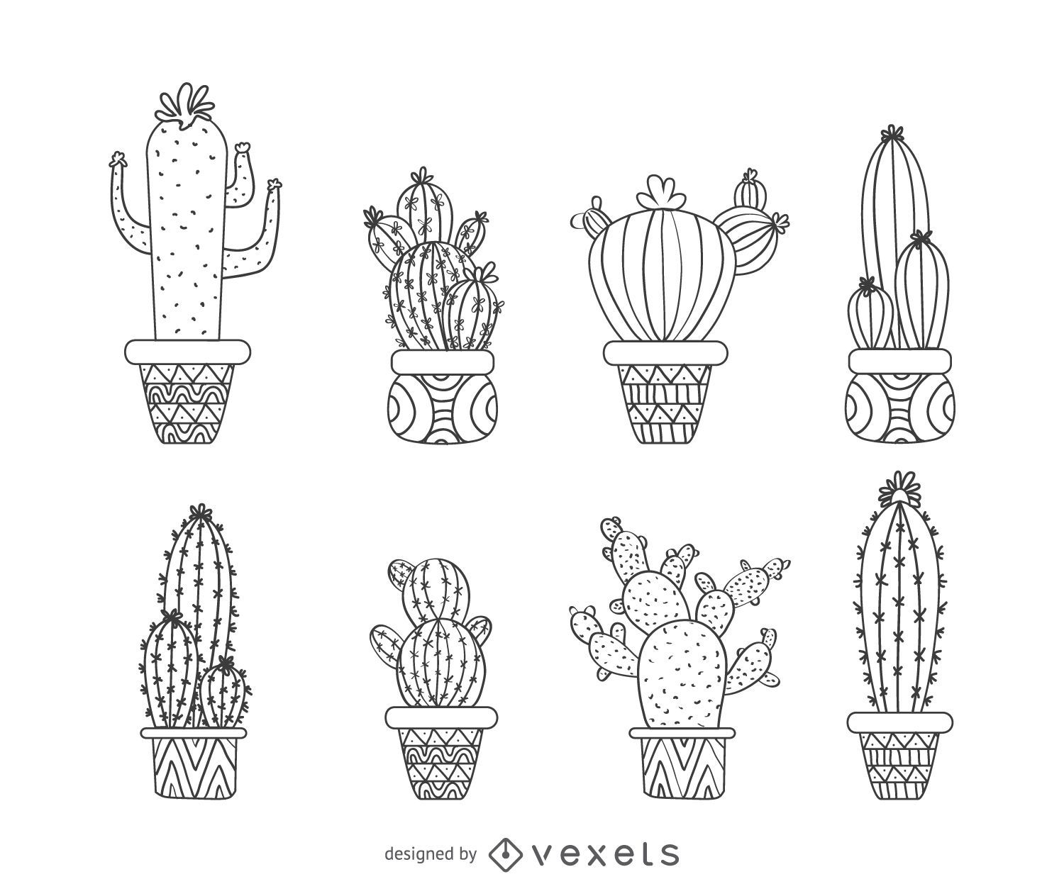 Conjunto De Plantas De Cactos Desenhadas À Mão Em Um Estilo De